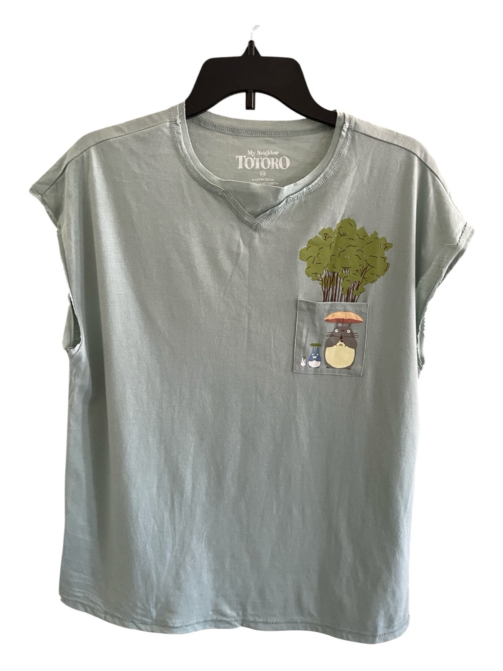 My Neighbor Totoro Pocket Graphic Tee - Sage Green Sleeveless Size L.